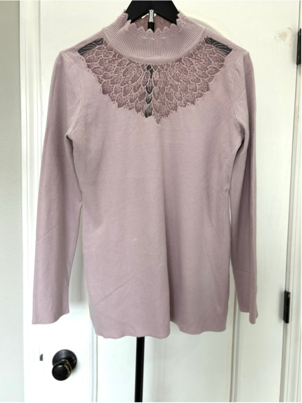 Oliver.O by Escio XL Rhinestone Lace Mock Neck Sweater Dusty Pink Embellished